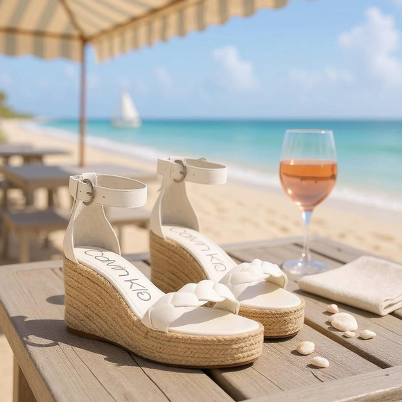 Calvin Klein Shoes - Calvin Klein Women Braided Strap Leather Espadrille Wedge Sandals SZ 10 M WHITE